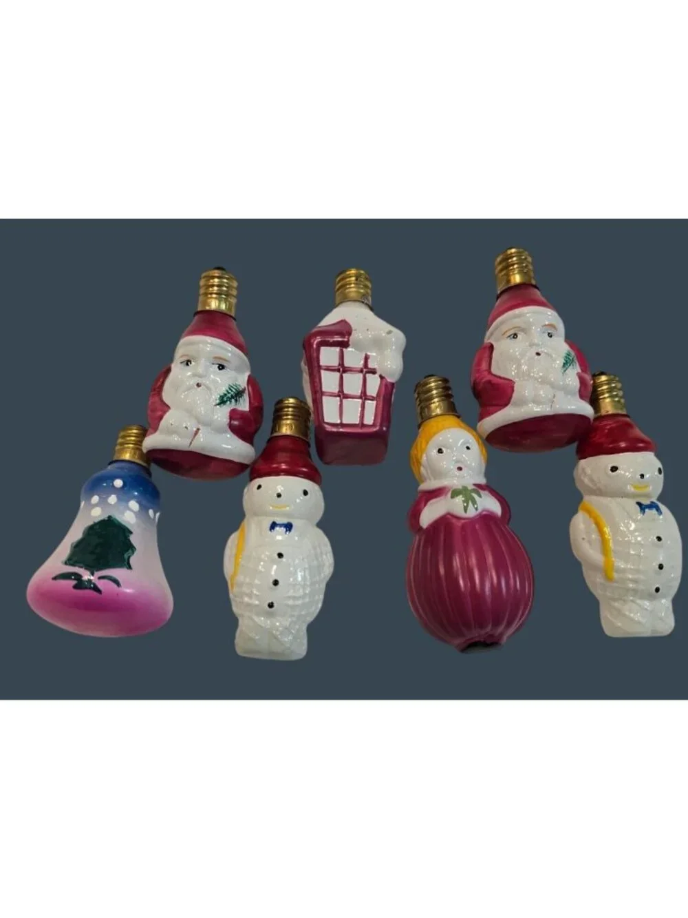 Set of 7 Vintage Milk Glass Christmas Light Bulbs - Santa, Snowman Untested